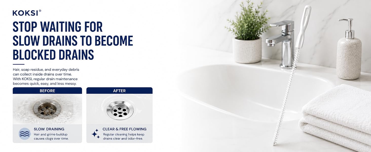 flexible drain brush helps remove hair, soap residue and everyday debris from slow-draining sinks.