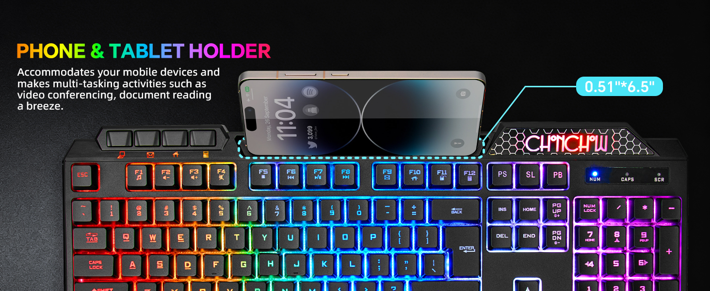 RGB Gaming Keyboard and Mouse Combo with Ergonomic Wrist Rest &amp; Phone Holder for PC Gamer Xbox PS4/5
