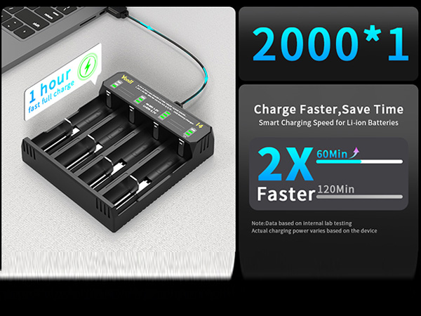 1-hour fast charging.? Smart speed for Li-ion batteries, 2X faster? (60min vs 120min).