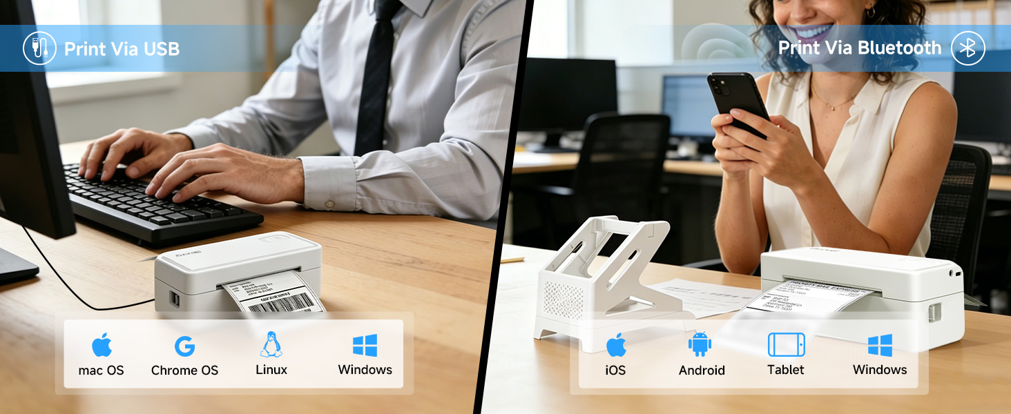 thermal printer supporting Bluetooth for iPhone, Android; USB for Mac, Windows, Linux, ChromeOS