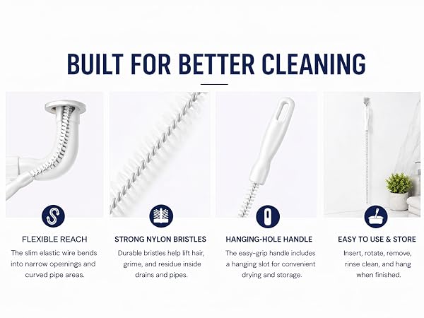 drain cleaning brush with nylon bristles for reaching inside narrow drains and curved pipe areas.