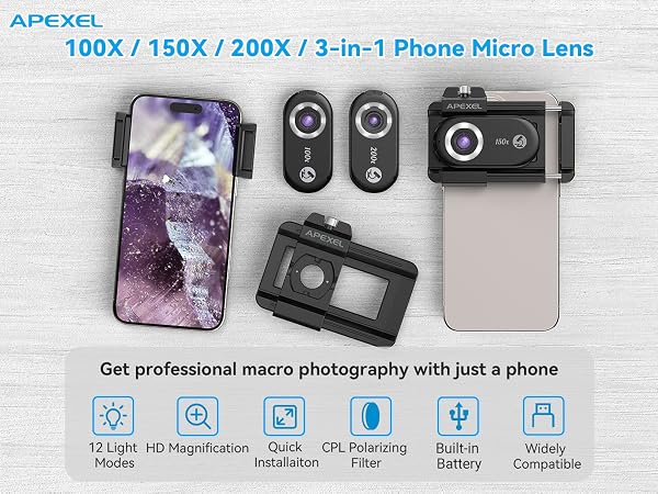 APEXEL 100X/150X/200X/3-IN-1 Phone Microscope Lens