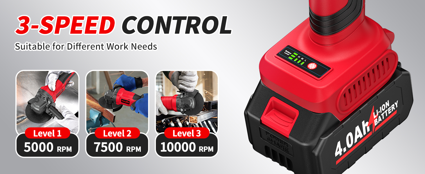 Cordless Angle Grinder Battery Powered 10000RPM, 3 Speed Control
