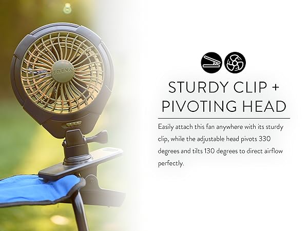 Treva 5 Inch Clip Fan USB Olive Clipped in On Blue Camping Chair Outside