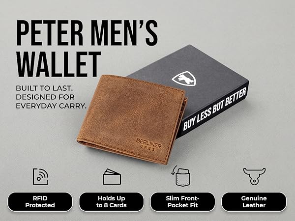 Peter mens wallet brown leather RFID bifold wallet with gift box, slim 8 card design