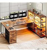 Sedeta L Shaped Desk with Storage Shelves, 64.5'' Reversible U Shaped Office Desk with 3 Fabric D...