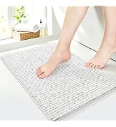 ACCUMTEK Upgrade Bathroom Rugs White &amp; Grey, Chenille Spliced with Fluffy Cut Pile Absorbent Bath...