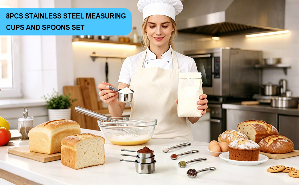 8 PCS Stainless Steel Measuring Cups and Spoons Set for Kitchen Baking and Cooking