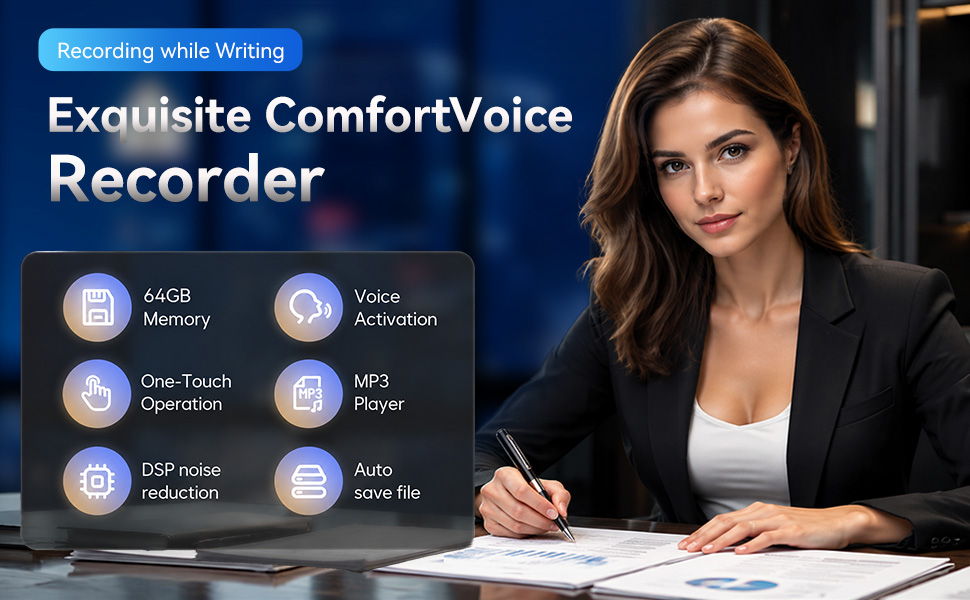 Pen voice recorder with 64GB memory, DSP noise reduction, one touch operation