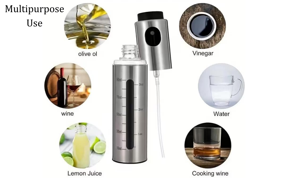 refillable oil mister made with stainless steel top and glass bottle