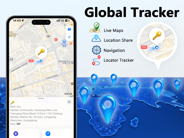 Text reads 'Global Tracker'. Mobile app interface showing map views with location tracking features, blue heat map overlay, and navigation controls across multiple smartphone screens.