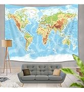 JAWO World Map Tapestry Wall Hanging for Kids Student, with Countries and Major Cities Educationa...