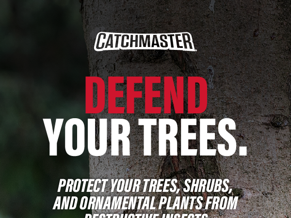 Catchmaster tree band graphic promoting protection for trees, shrubs and ornamental plants
