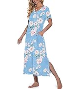 PrinStory Womens Long Nightgown Short Sleeve Nightshirt V-Neck Soft Night Gown Casual Sleepwear