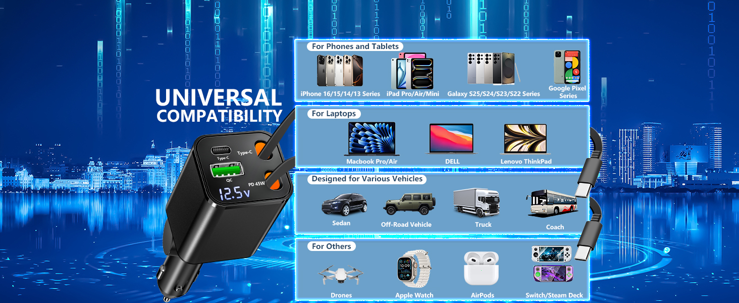 Retractable Car Charger USB C 120W USB C Car Charger 4-IN-1 PD/QC Power Cigarette Lighter Adapter