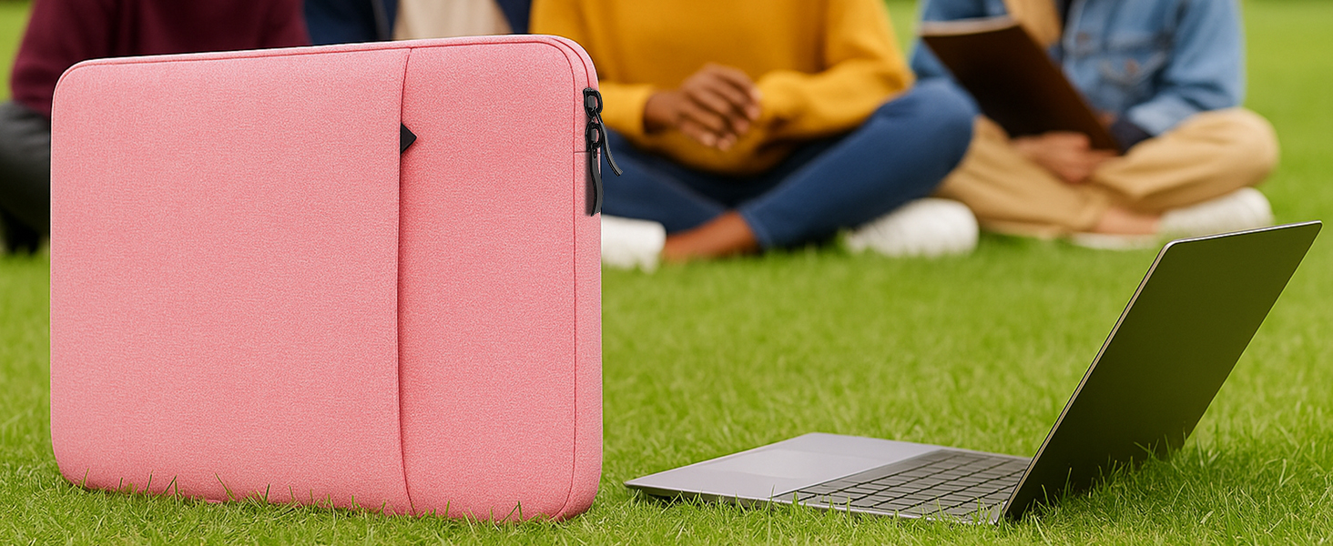Pink laptop sleeve or case shown in outdoor setting with people sitting on grass in background.