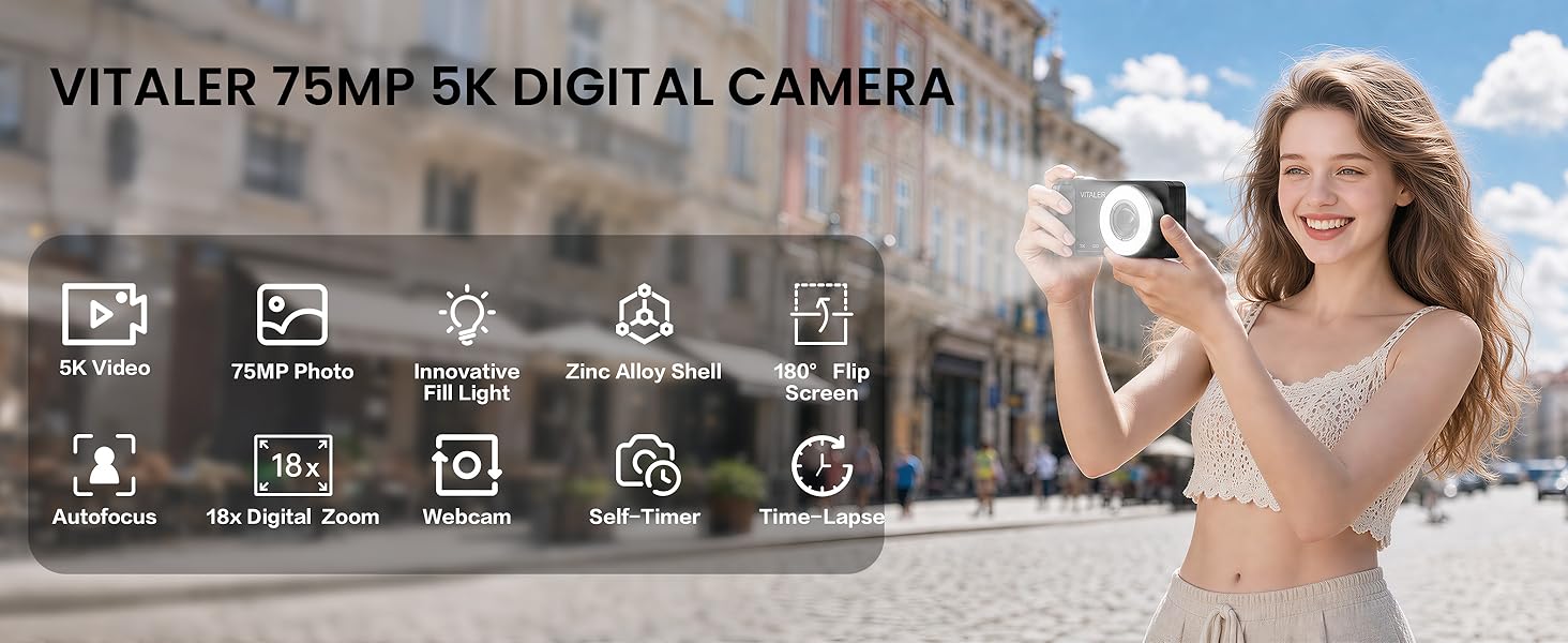 Text reads 'VITALER 75MP 5K DIGITAL CAMERA'. Woman holding compact digital camera with blue sky cityscape background. Camera features multiple shooting modes shown via icons: autofocus, 5K digital zoom, macro, fast mode, time-lapse.