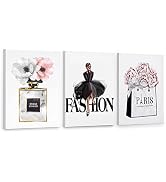 CoziTech Framed Fashion Women Canvas Wall Art for Girls Bedroom Decor, Flower Modern Pink Wall Ar...