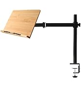 Bamboo Book Stand Height Adjustable with Clamp, wishacc Table Side Cookbook Rest - Desktop Readin...