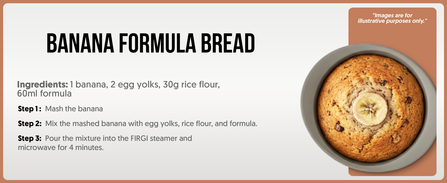 Healthy banana formula bread recipe for baby using rice flour and FIRGI microwave silicone steamer.