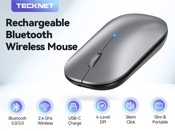 Text reads 'Rechargeable Bluetooth Mouse'. Sleek wireless mouse with product specifications showing Bluetooth connectivity and charging features.