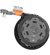 Retractable Power Strip Extension Cord Reel with USB C PD 20W, Flat Plug Travel Power Strip Surge...