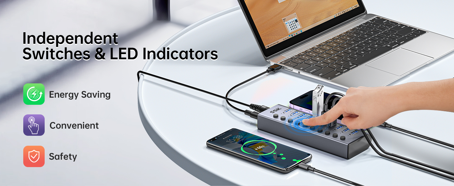 usb 3.0 hub with independent switches and led indicators