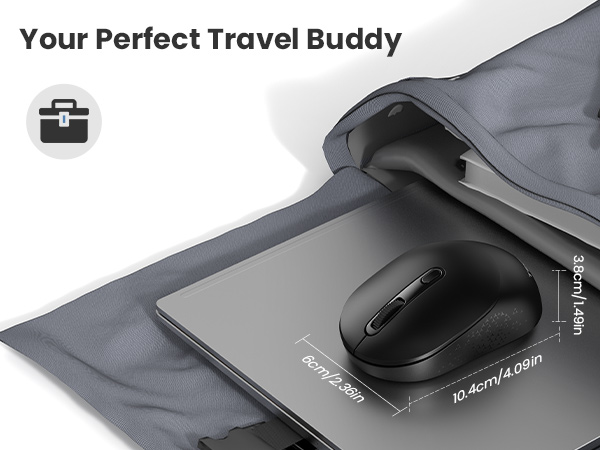 Text reads 'Your Perfect Travel Buddy'. Close-up of gray laptop case or sleeve with integrated mouse pad surface and wireless mouse.