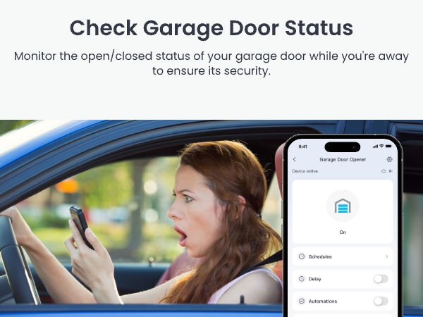 Smartphone app interface showing garage door status monitoring feature, with 'Open' and 'Closed' indicators. App allows remote checking of garage door security.