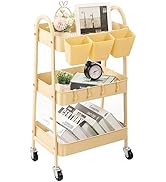 danpinera 3-Tier Rolling Cart, Metal Rolling Storage Cart with Lockable Wheels &amp; Hanging Cups &amp; H...