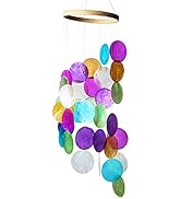 Rainbow Capiz Seashell Wind Chimes Outdoor Indoor Hanging Handmade Painted Colorful Beach Coast O...