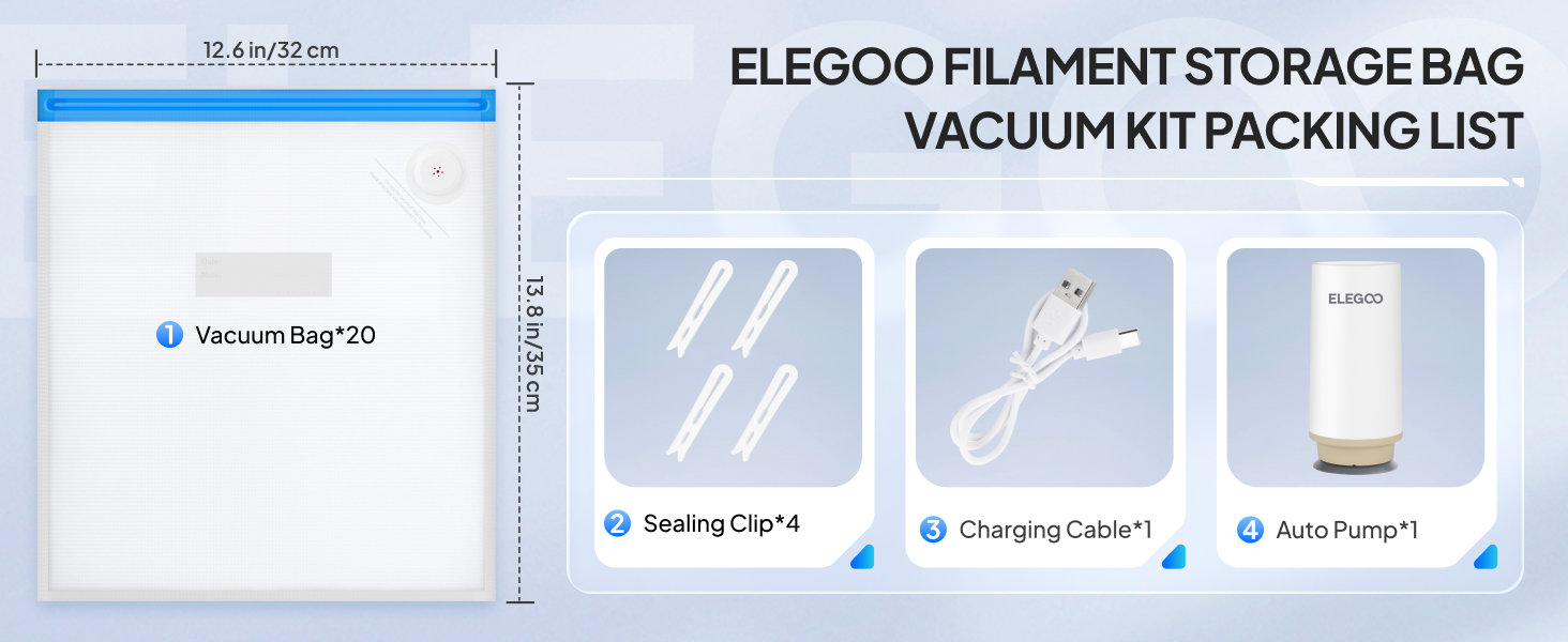 ELEGOO FILAMENT STORAGE BAG VACUUM KIT PACKING LIST