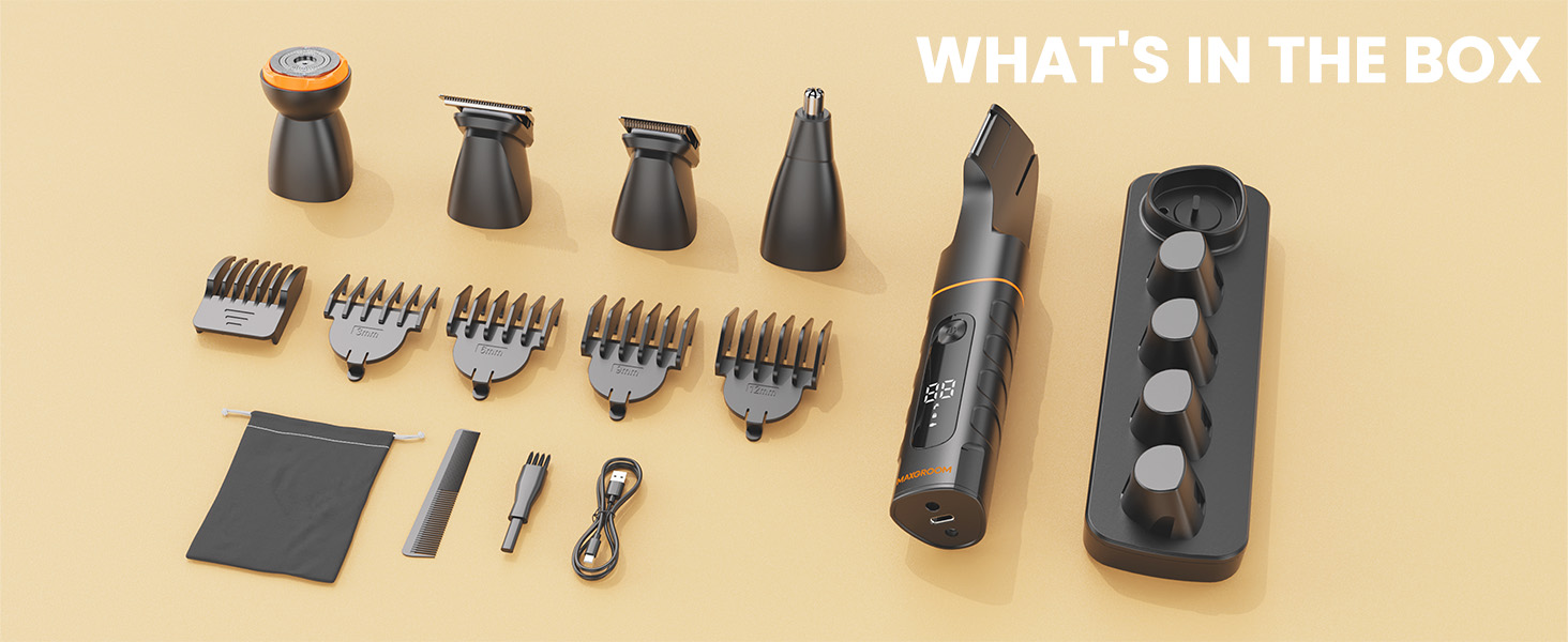 Text reads 'WHAT'S IN THE BOX'. Display showing hair clipper accessories including multiple clipper guard attachments, cutting combs, black storage bag, and small tools.