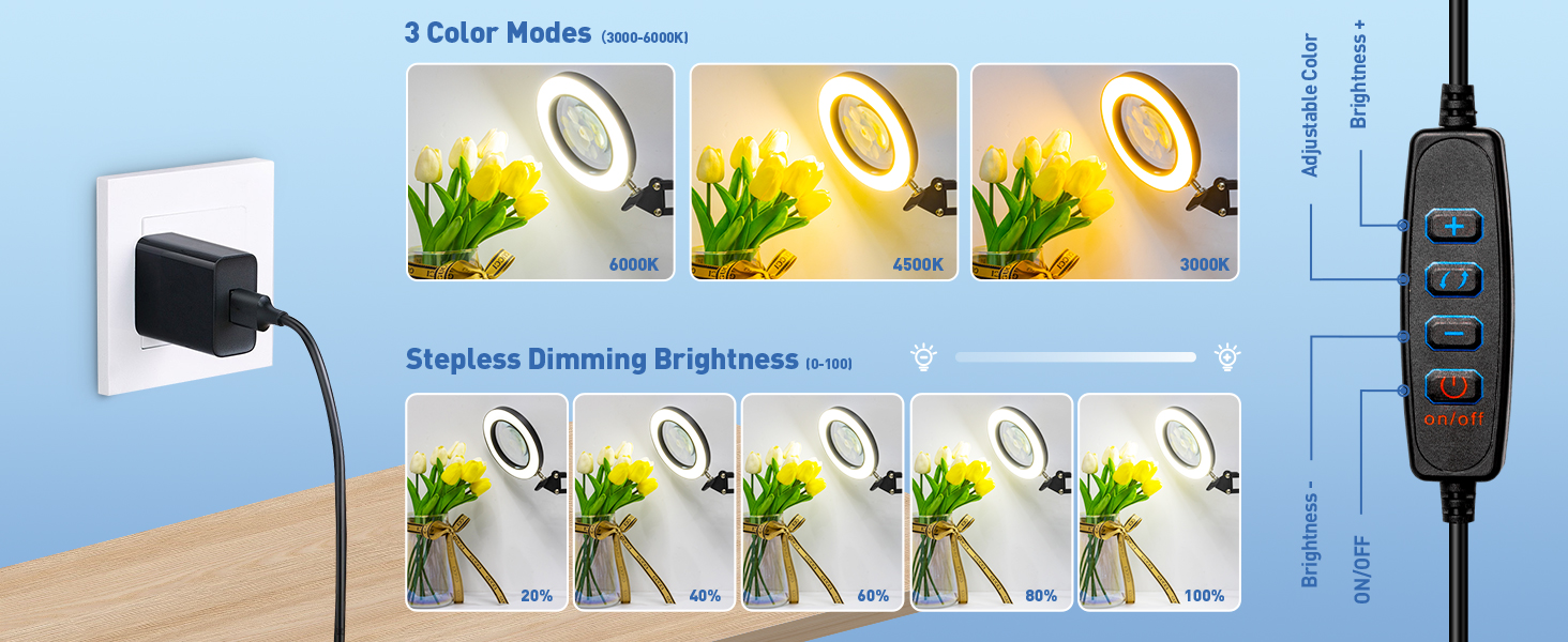 3 color modes and infinite dimming magnifier with light lighted magnifying glass with stand