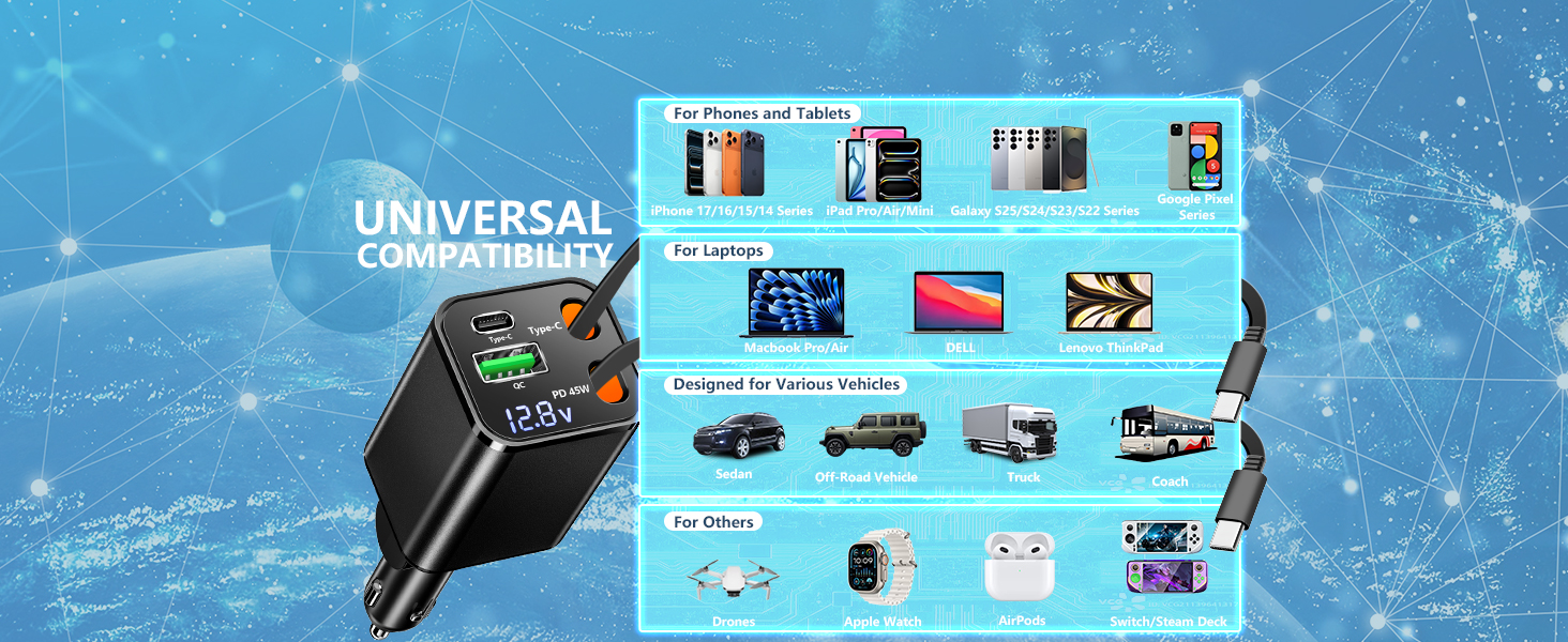 MFi Certified 120W 4-IN-1 Retractable Car Charger USB C PD/QC Type C Fast Charging Cigarette Light