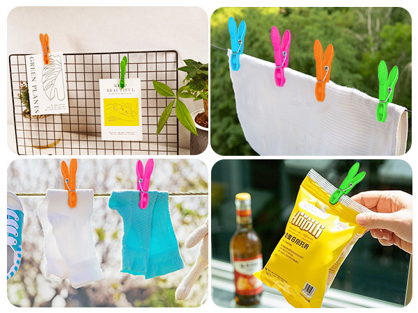 Series of outdoor clothesline photos showing colorful plastic clothespins holding various items on wire or rope lines against natural backgrounds.