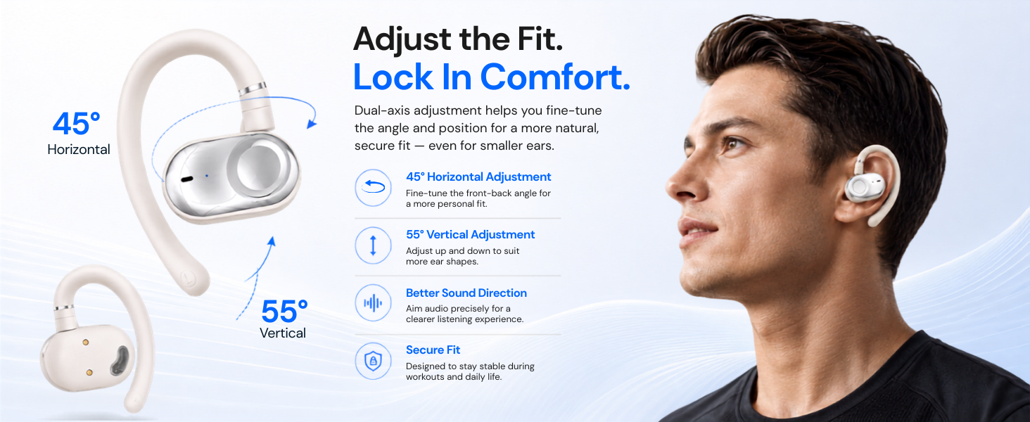 Dual-axis earbud adjustment for a secure, comfortable fit