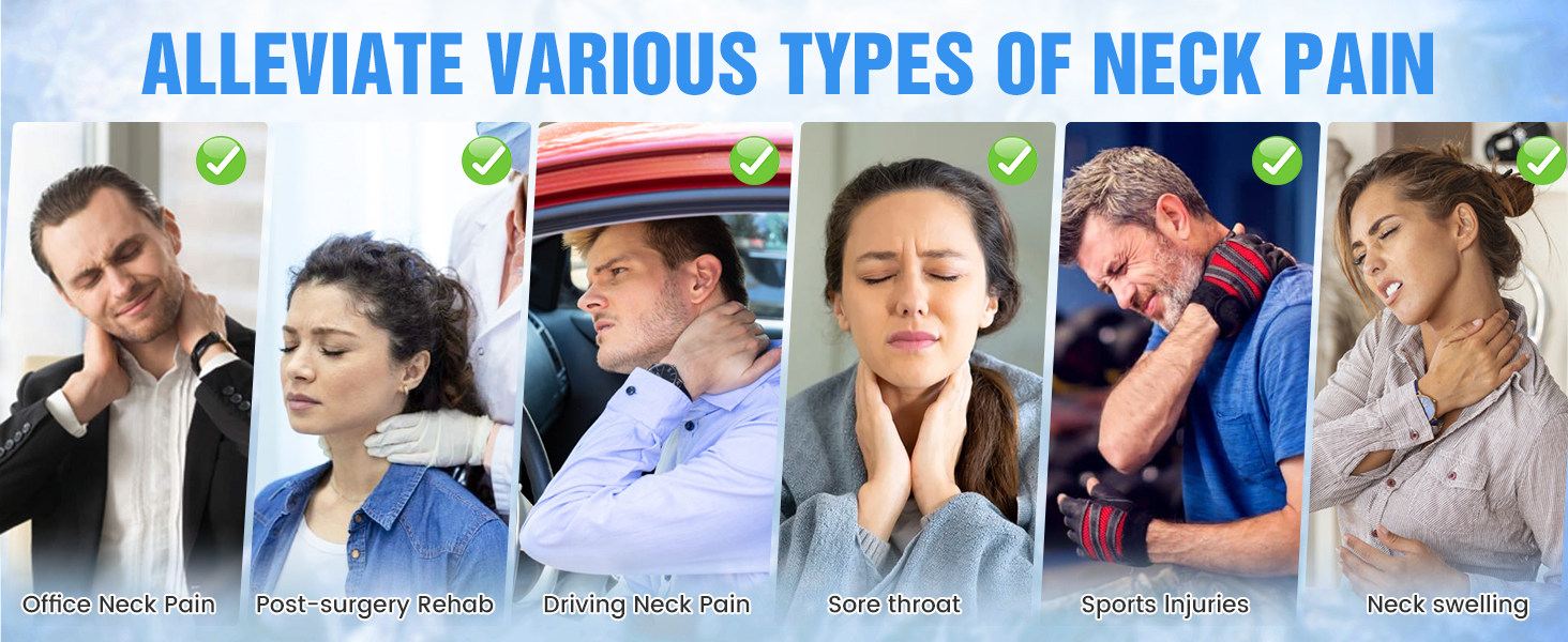 Medical infographic showing six different positions and types of neck pain, with descriptive text labels below each illustration.