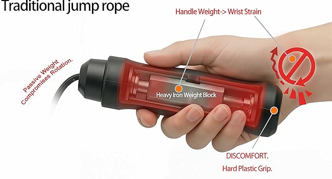 Traditional weighted jump rope handle with heavy iron blocks causing wrist strain.