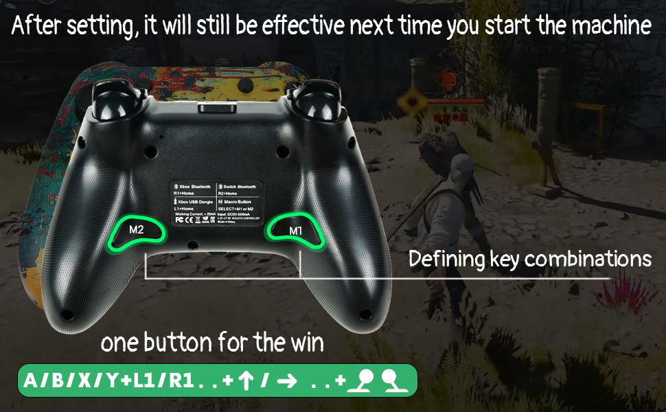The gamepad supports back button macro definitions for one-click release of combination skills.