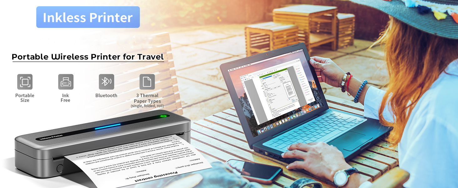 Wireless Inkless Thermal Printer, Bluetooth Mobile Printer for Phone &amp;amp;amp;amp;amp; Laptop