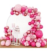 RUBFAC 160pcs Pink Balloon Arch Garland Kit, Hot Pink Rose Gold Chrome Balloons for Birthday Show...