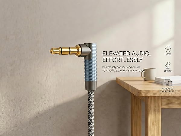 Gold plated 90 degree 3.5mm auxiliary plug, blue casing and braided cable.