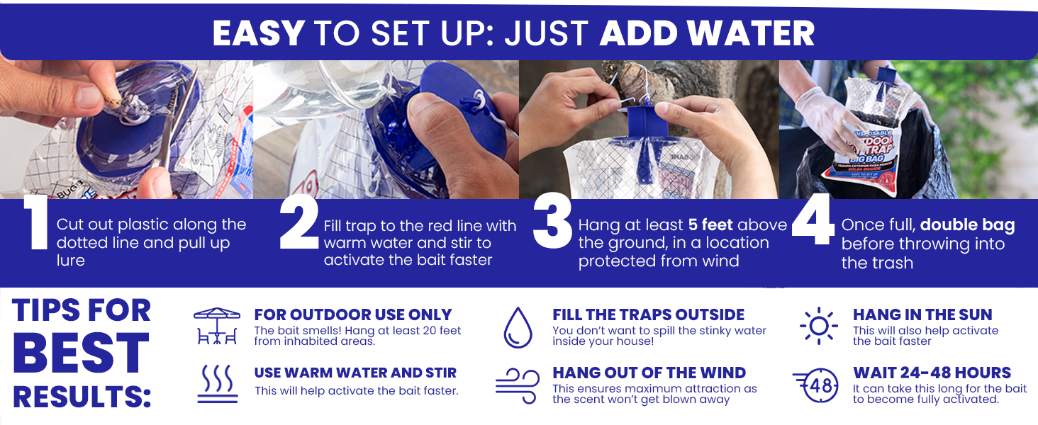 Easy to set up big bag fly traps outdoor. Just add water and hang.