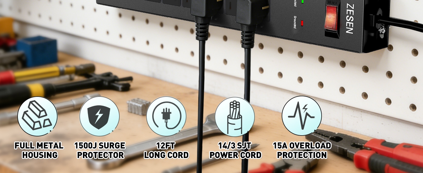 ZESEN 7 Outlet Metal Long Power Strip with Overload Protection 1500J Surge Protection