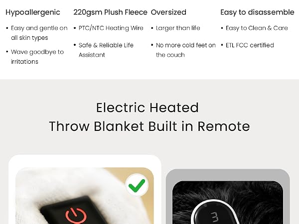 Heated Blanket Electric Throw Blanket with Built-in Button Controller