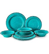 LEHAHA 12 Piece Vintage Melamine Dinnerware Sets Include 4 Dinner Plates, 4 Salad Plates and 4 Bo...