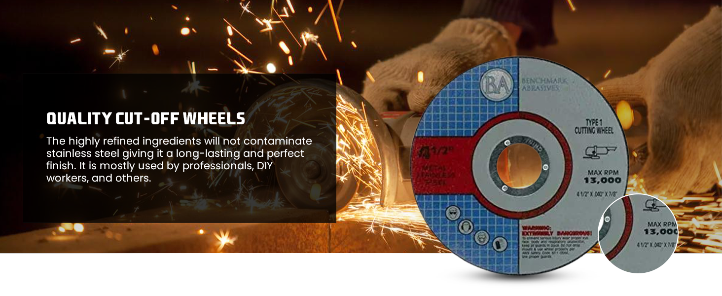 High-performance cut-off wheels for precise cutting of metal, steel, and pipes.