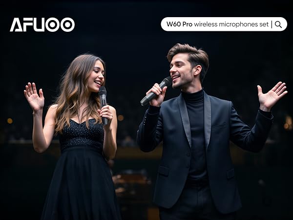 A couple joyfully sings a duet at karaoke, holding wireless microphones creating a lively atmosphere