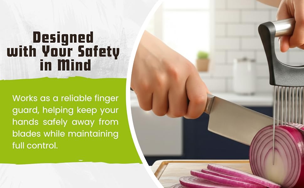 Knife slicing onion held by WOROD holder.